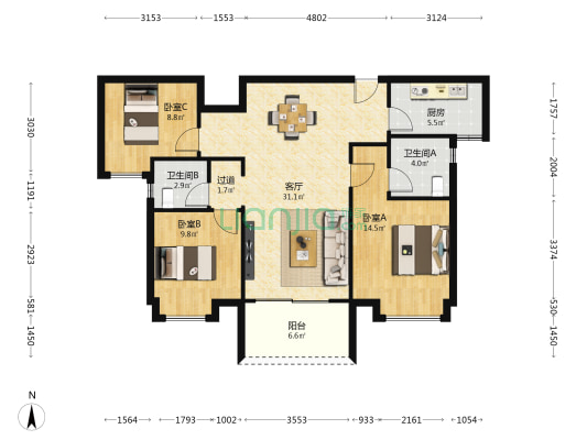 金科博翠天宸 3室1厅2卫 113平方