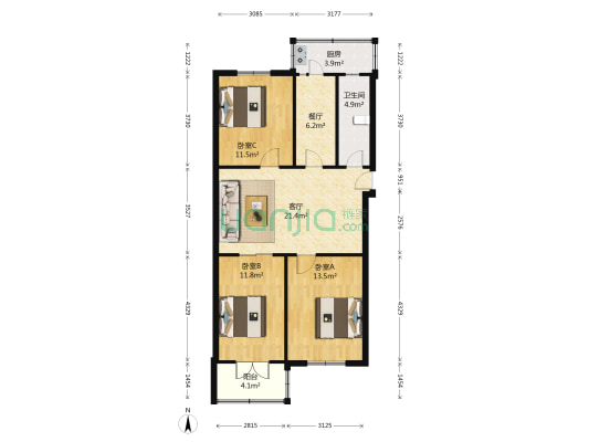 水利家园 3室2厅1卫 92平方