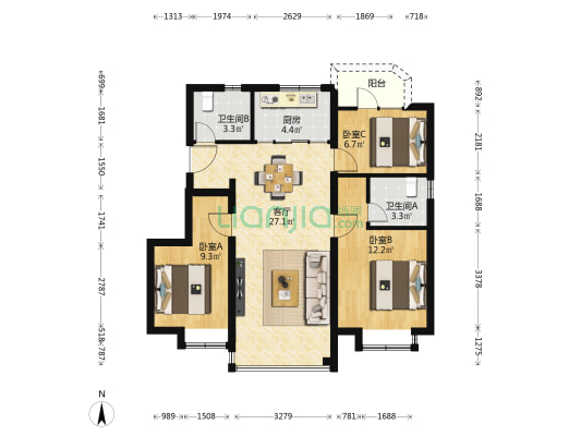 公园都会 3室1厅2卫 88平方