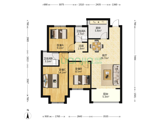 红星国际广场 3室1厅2卫 108平方