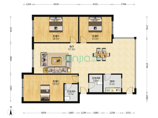 审计局宿舍 3室1厅2卫 124平方