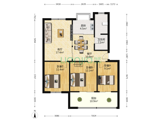3542军纺家园 3室2厅1卫 117平方