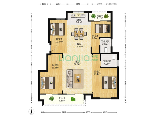 翰林学府 4室2厅2卫 128平方