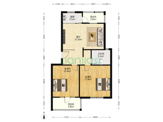 水墨兰庭 2室1厅1卫 91平方