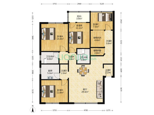 江南路38号 4室1厅2卫 136平方