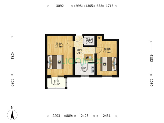 四路通1号 2室1厅1卫 50平方