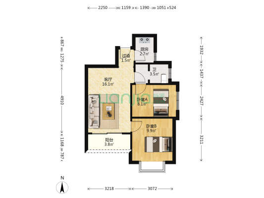 晨兴家园 2室1厅1卫 68平方