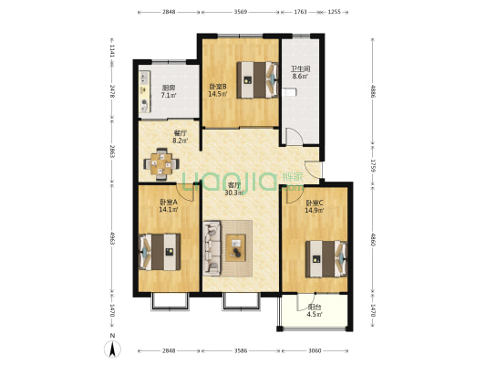 泰发花园 3室2厅1卫 122平方