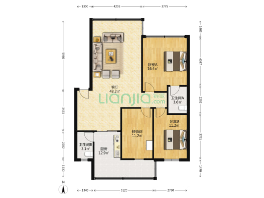 国土局住宅楼 2室1厅2卫 111平方