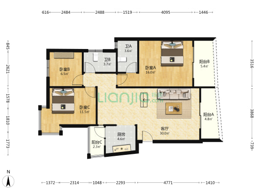 棕榈湾 3室1厅2卫 107平方