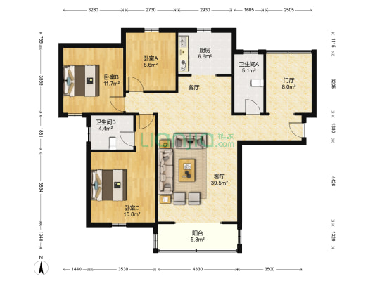 北辰桂园 3室1厅2卫 126平方