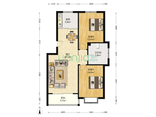 天云御花园 2室1厅1卫 102平方