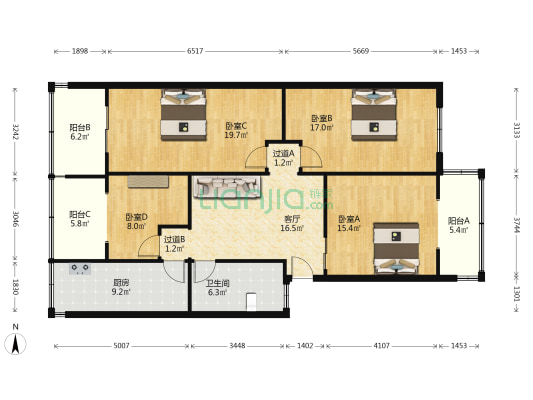 政通路101号院 4室1厅1卫 129平方