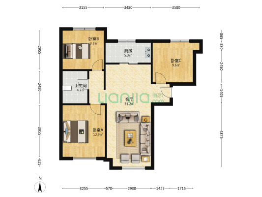 精装修 F户型 南北通透 西户 满二 看房方便-户型图