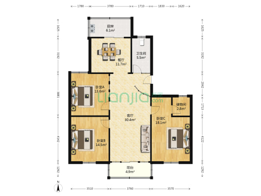 新都花园 3室2厅1卫 123平方