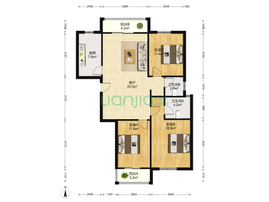 翰林苑 3室1厅2卫 109平方