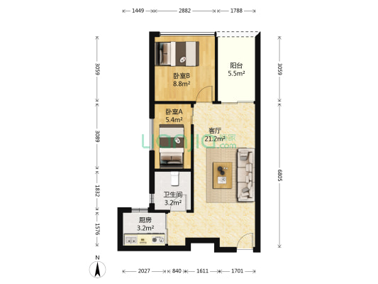 华盛盛荟 2室1厅1卫 56平方