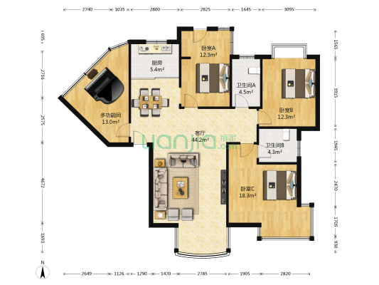 中天花园竹园 4室1厅2卫 127平方