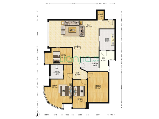 天伦华苑 3室1厅2卫 163平方