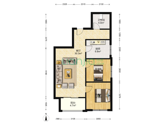 全南户型采光好客厅朝南卧室朝南，精装修，可拎包入住-户型图