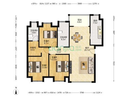 金科天悦 3室1厅2卫 118平方