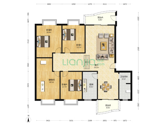 金山水岸B区 3室1厅1卫 162平方