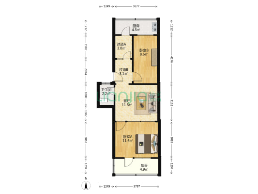中国国土资源经济研究院 2室1厅1卫 51平方