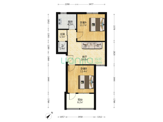 丝茅冲工商银行宿舍 2室1厅1卫 59平方