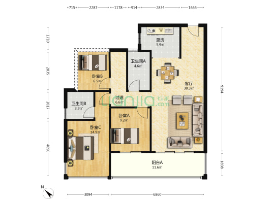 彰泰冠臻园 3室1厅2卫 112平方
