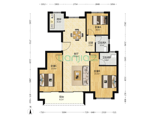 叶语书院 3室1厅2卫 116平方