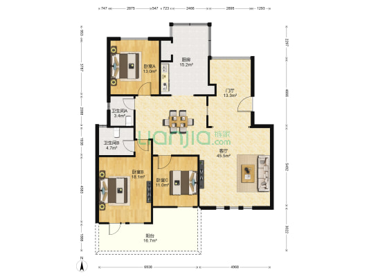 复地温莎堡红坊 3室1厅2卫 126平方