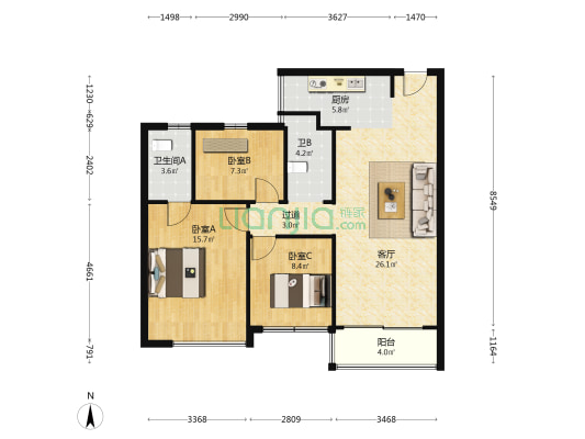 碧桂园德信府前1号领誉园 3室1厅2卫 99平方