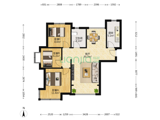 华融蓝海洋听海 3室1厅1卫 87平方