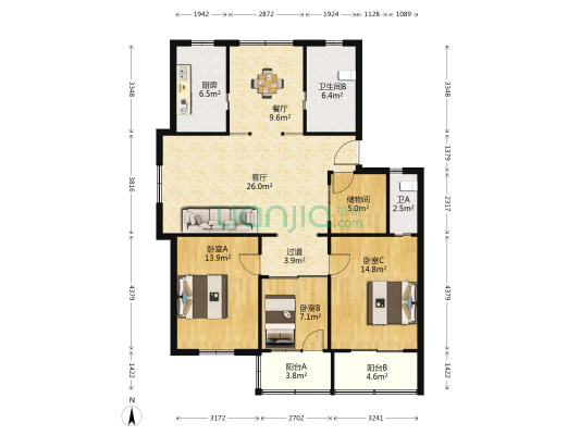 江东路 3室2厅2卫 126平方