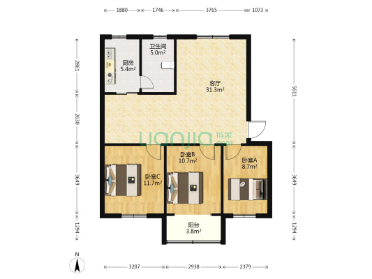 天安花园 3室1厅1卫 92平方