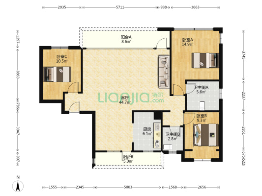 中铁诺德揽湖轩 3室1厅2卫 141平方