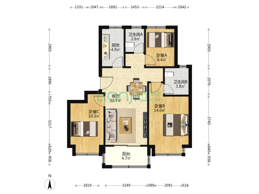 山语境府 3室1厅2卫 87平方
