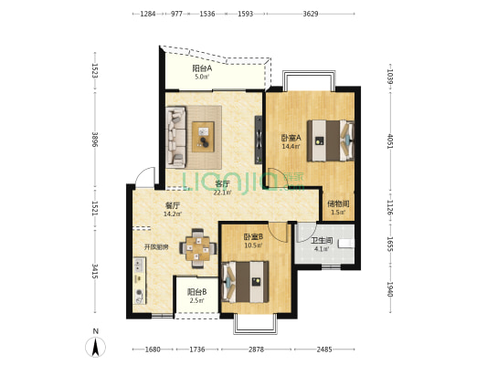 世纪阳光·沁景苑 2室2厅1卫 90平方