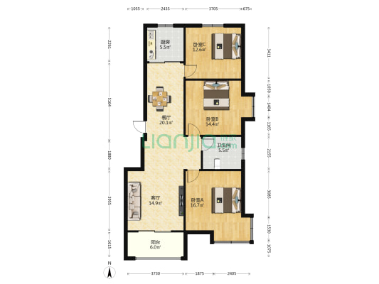 北京公馆 3室2厅1卫 126平方