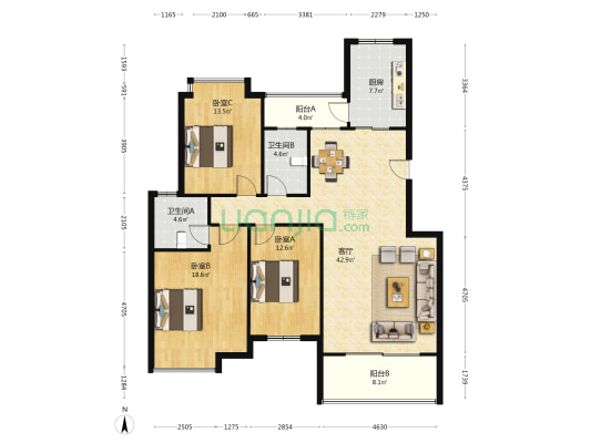 世纪阳光 3室1厅2卫 136平方