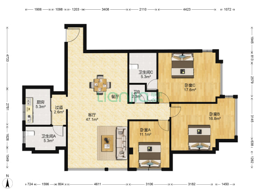 外滩花园 3室1厅3卫 148平方