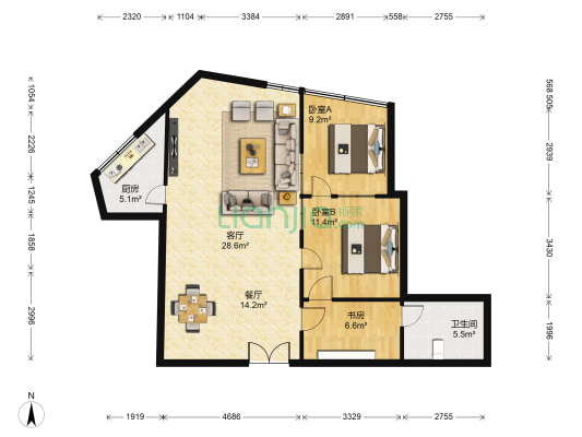 东亚大厦 3室2厅1卫 108平方