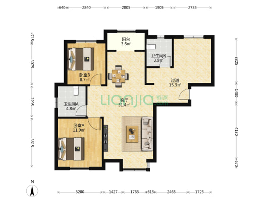 鑫隆苑 2室1厅2卫 113平方