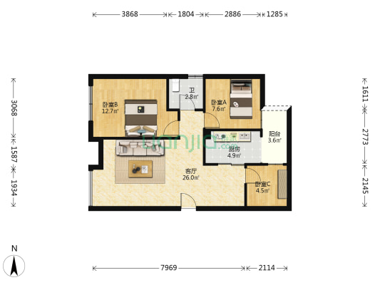 新宇兰庭 3室1厅1卫 79平方