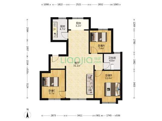 首创新北京半岛 3室1厅1卫 98平方