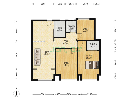 天洋大厦 3室1厅2卫 97平方