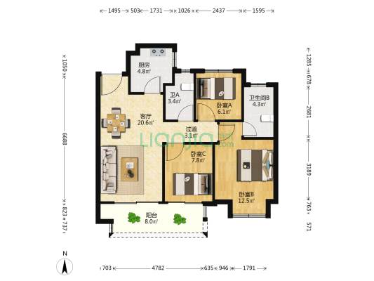 绿地境启澜庭北区 3室1厅2卫 96平方