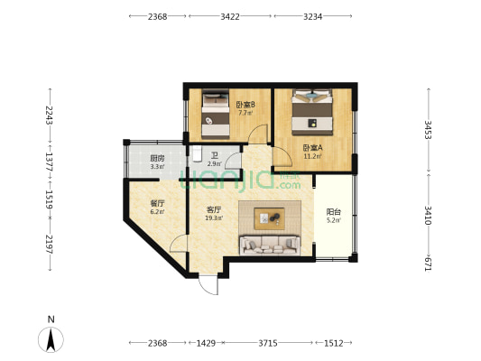 云南省铁路第二工程公司 2室2厅1卫 56平方