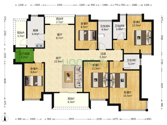 三正卧龙山一号 5室2厅3卫 153平方