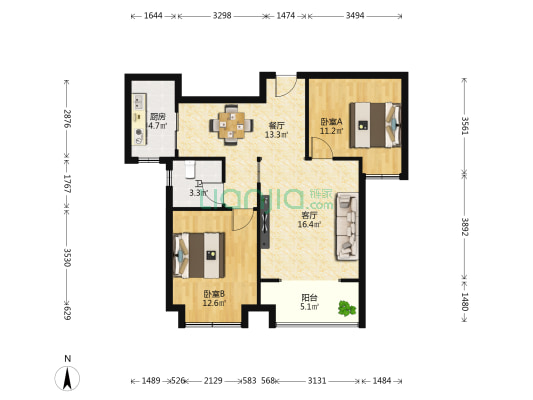 格林公馆A区 2室2厅1卫 96平方